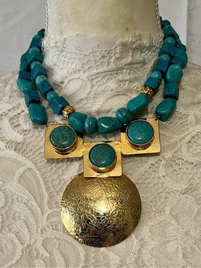 Handcrafted Gold Tone Magnesite Turquoise Stone Double-Strand Statement Necklace